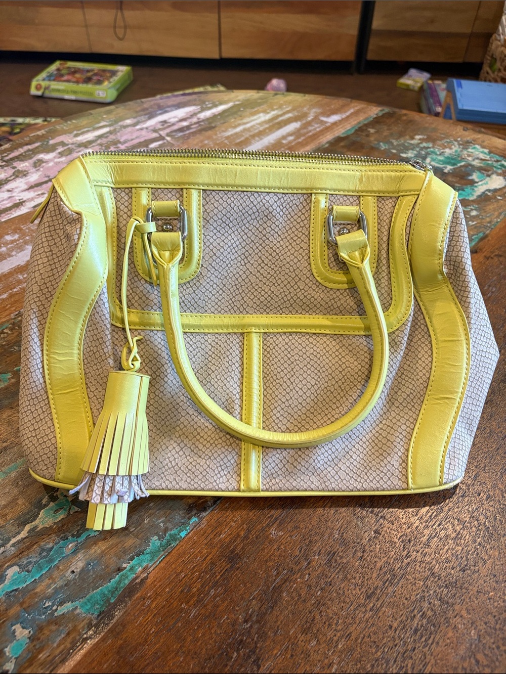 Poppie Jones Yellow-Trim Neutral Satchel with Tassel